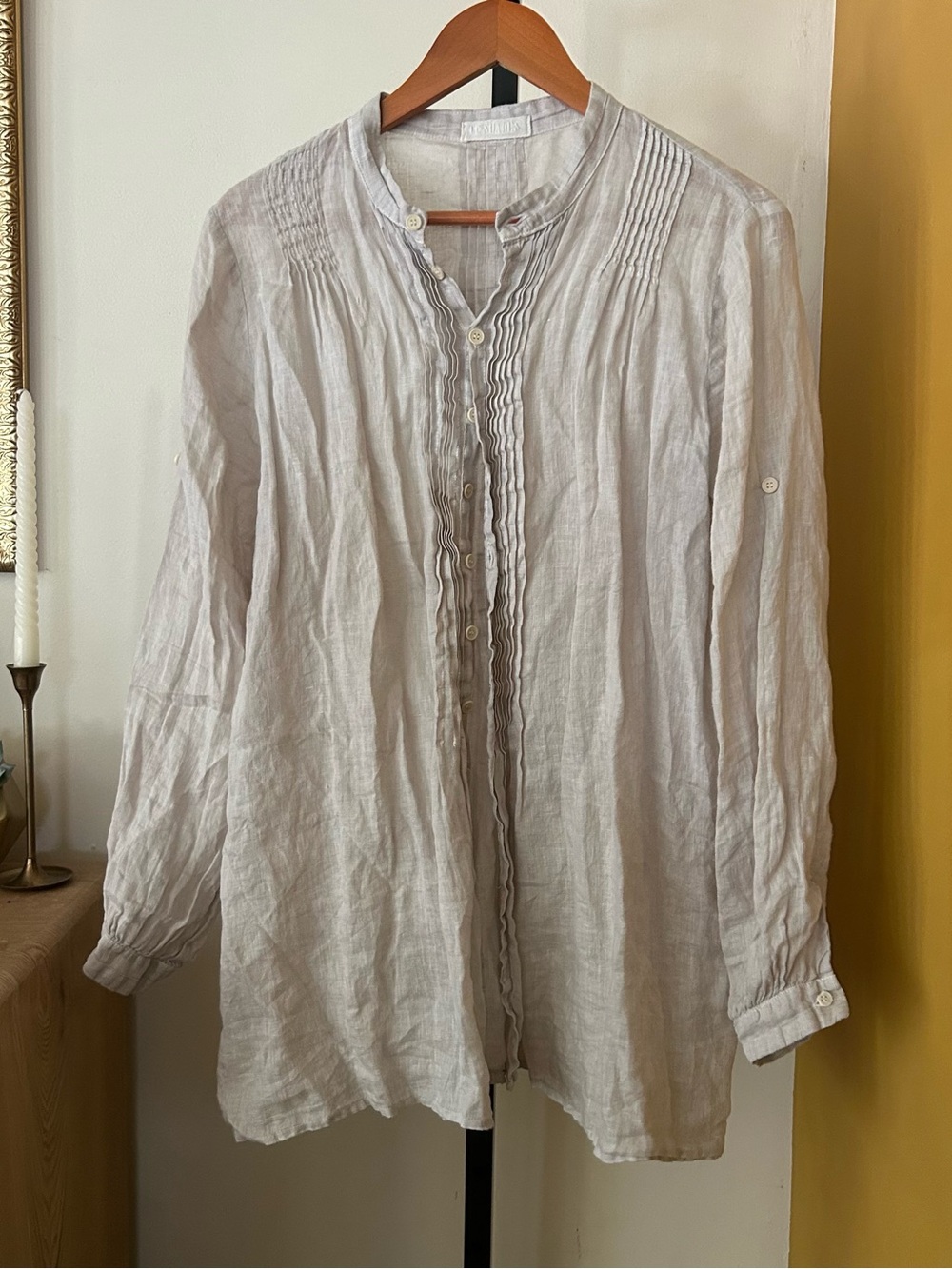 CP Shades Linen Tunic Button Front Top Pintuck Oversized Beige Coastal Small